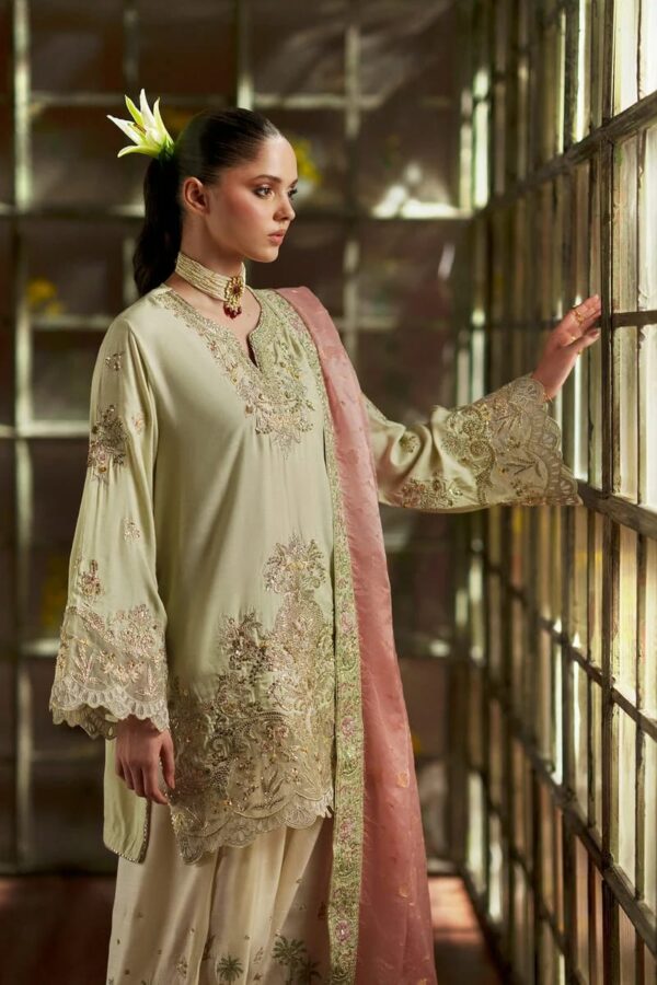 Afsafa Sage Embroidered Raw Silk 3 Piece Suit