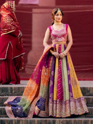 Afsafa Multicolor Embroidered Raw Silk Lehenga 3 Piece Suit