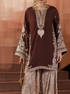 Afsafa Maroon Embroidered Silk 2 Piece Suit with Printed Trouser