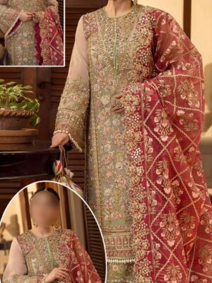 Afsafa Sage Green Embroidered Organza 3 Piece Suit with Maroon Dupatta