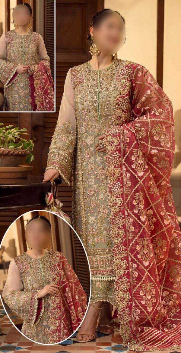 Afsafa Sage Green Embroidered Organza 3 Piece Suit with Maroon Dupatta