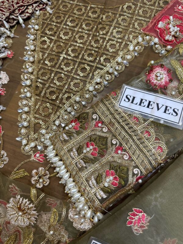 Afsafa Sage Green Embroidered Organza 3 Piece Suit with Maroon Dupatta