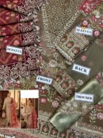 Afsafa Sage Green Embroidered Organza 3 Piece Suit with Maroon Dupatta