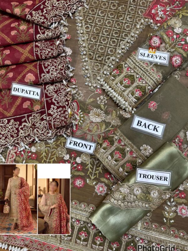 Afsafa Sage Green Embroidered Organza 3 Piece Suit with Maroon Dupatta