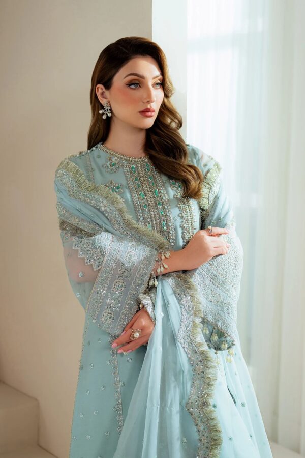 Afsafa Ice Blue Hand-Embellished Embroidered Organza 3 Piece Suit