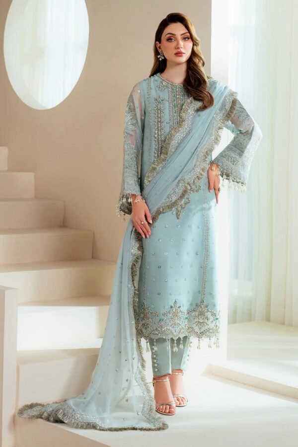 Afsafa Ice Blue Hand-Embellished Embroidered Organza 3 Piece Suit