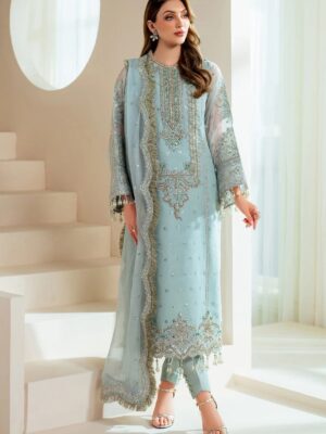 Afsafa Ice Blue Hand-Embellished Embroidered Organza 3 Piece Suit