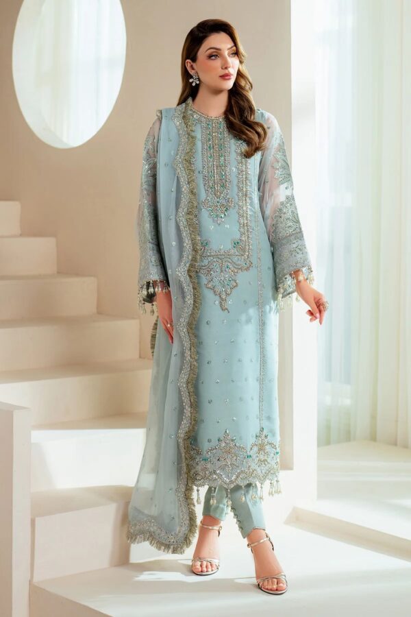 Afsafa Ice Blue Hand-Embellished Embroidered Organza 3 Piece Suit
