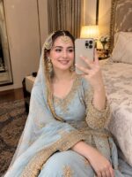Afsafa Ice Blue Sequence Embroidered Semi Pure Chiffon Lehenga 3 Piece Suit