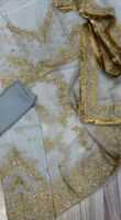 Afsafa Ice Blue Sequence Embroidered Semi Pure Chiffon Lehenga 3 Piece Suit