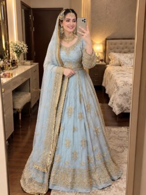 Afsafa Ice Blue Sequence Embroidered Semi Pure Chiffon Lehenga 3 Piece Suit