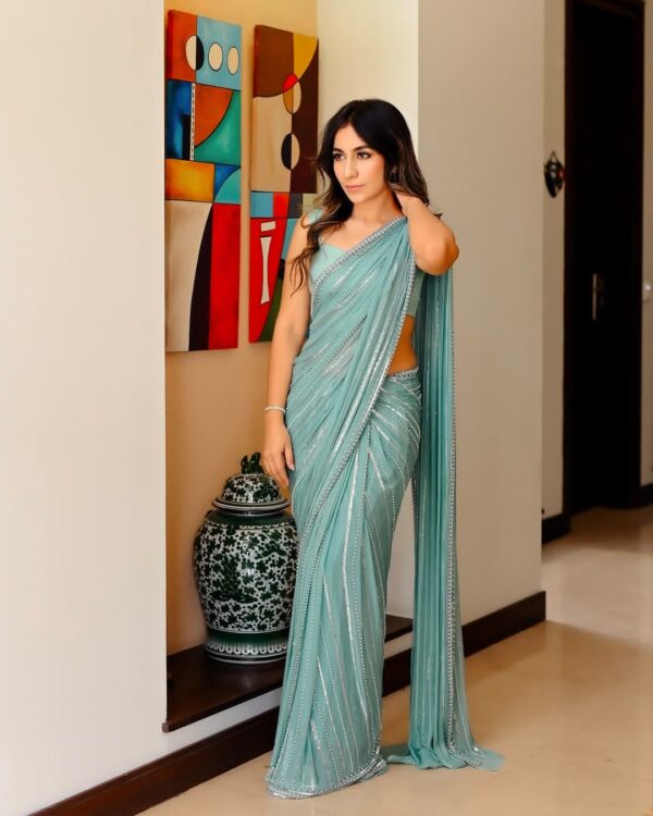 Afsafa Aqua Sequence Embroidered Chiffon Saree