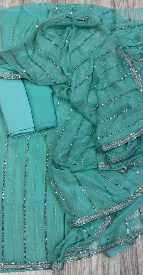 Afsafa Aqua Sequence Embroidered Chiffon Saree