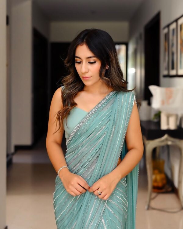 Afsafa Aqua Sequence Embroidered Chiffon Saree