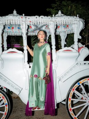 Afsafa Green Shamoz Silk Embroidered 3 Piece Suit