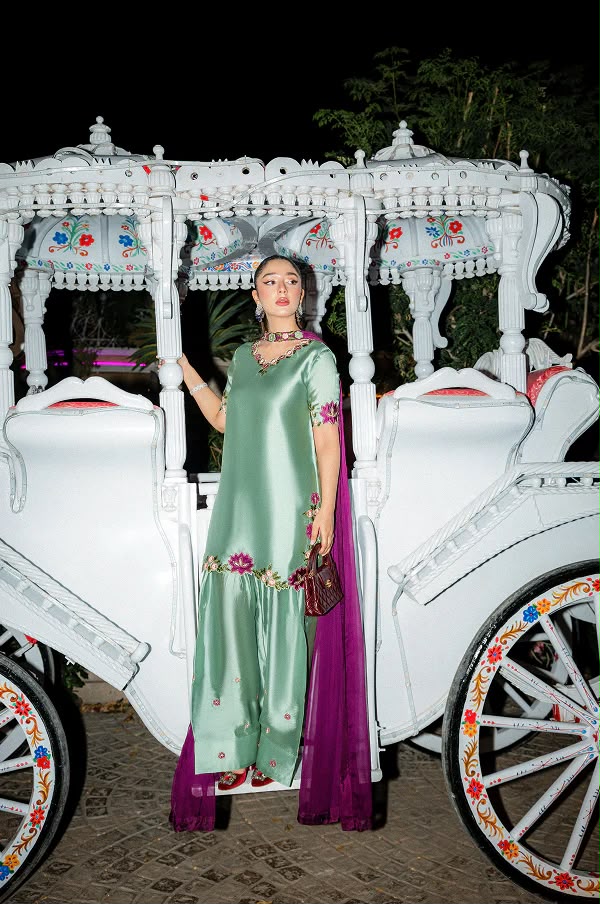 Afsafa Green Shamoz Silk Embroidered 3 Piece Suit