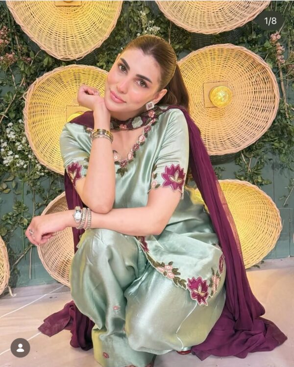 Afsafa Green Shamoz Silk Embroidered 3 Piece Suit