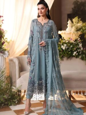 Afsafa Blue Chiffon Sequence Embroidered 3 Piece Suit