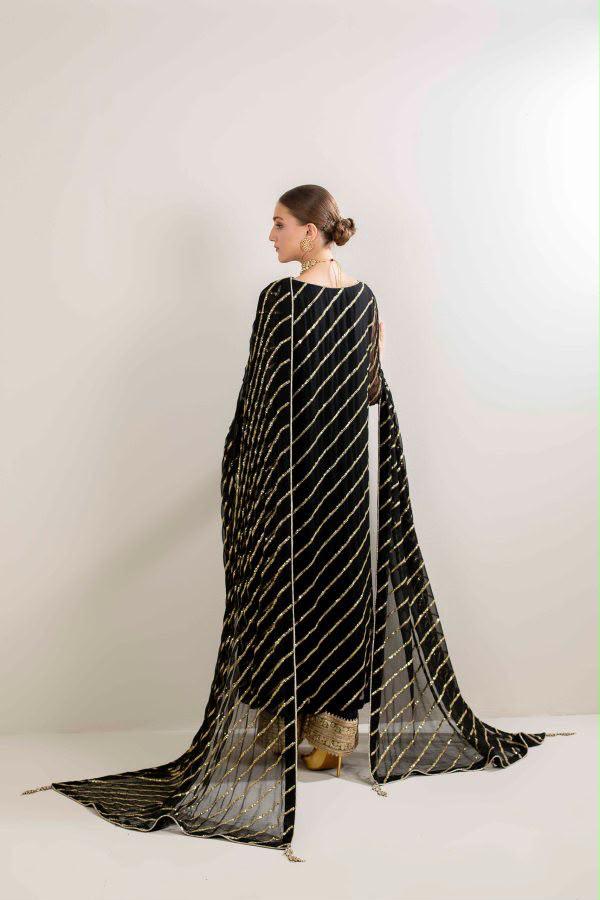 Afsafa Black Sequined Embroidered Chiffon 3 Piece Suit