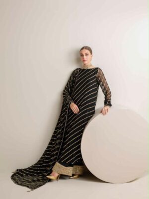 Afsafa Black Sequined Embroidered Chiffon 3 Piece Suit