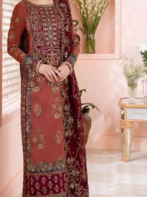 Afsafa Maroon Sequined Zari Embroidered Chiffon 3 Piece Suit