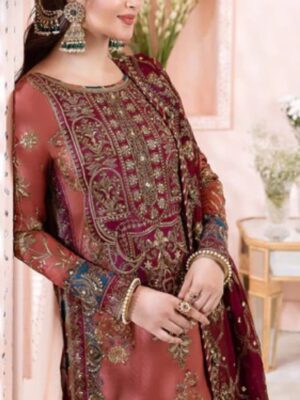 Afsafa Maroon Sequined Zari Embroidered Chiffon 3 Piece Suit