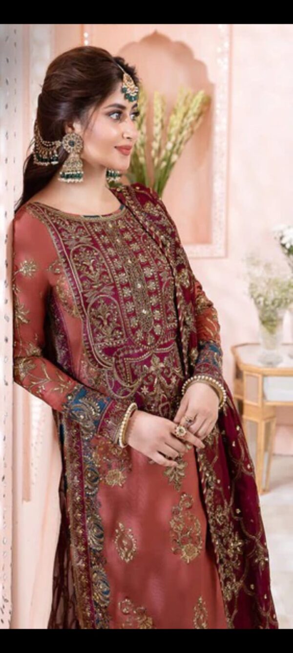 Afsafa Maroon Sequined Zari Embroidered Chiffon 3 Piece Suit