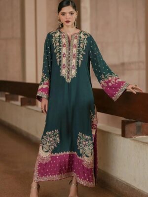 Afsafa Green Charmoush Silk Heavy Embroidered 2 Piece Suit