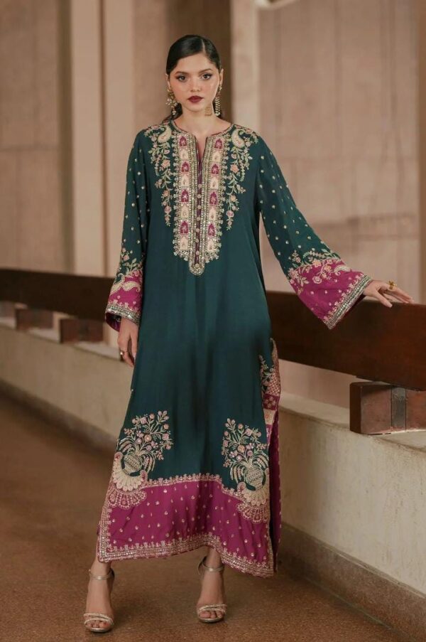 Afsafa Green Charmoush Silk Heavy Embroidered 2 Piece Suit