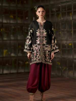 Afsafa Black Raw Silk Embroidered 3 Piece Suit