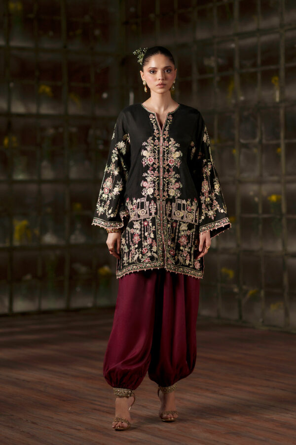 Afsafa Black Raw Silk Embroidered 3 Piece Suit