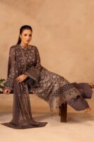 Afsafa Mocha Chiffon Embroidered 3 Piece Suit