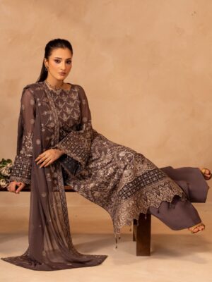Afsafa Mocha Chiffon Embroidered 3 Piece Suit