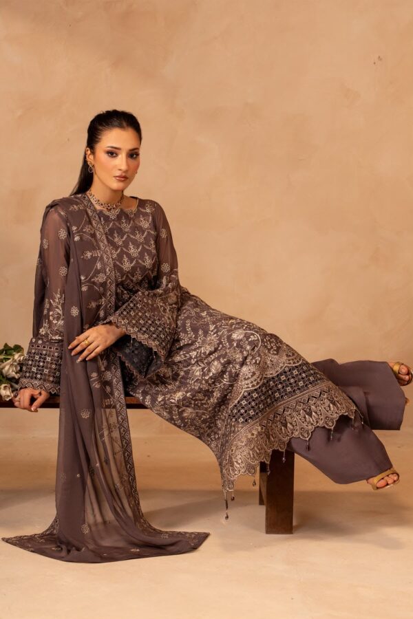 Afsafa Mocha Chiffon Embroidered 3 Piece Suit