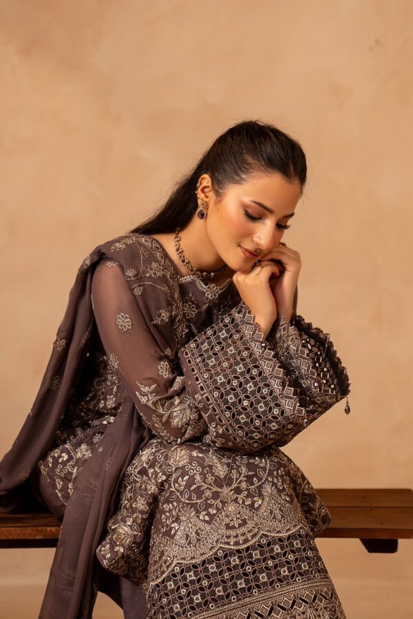 Afsafa Mocha Chiffon Embroidered 3 Piece Suit