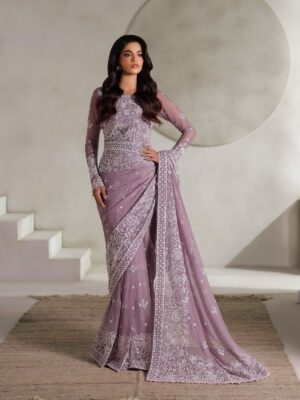 Afsafa Mauve Embroidered Chiffon Saree