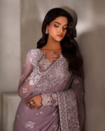 Afsafa Mauve Embroidered Chiffon Saree