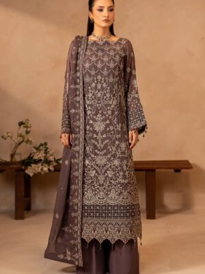 Afsafa Mocha Chiffon Embroidered 3 Piece Suit