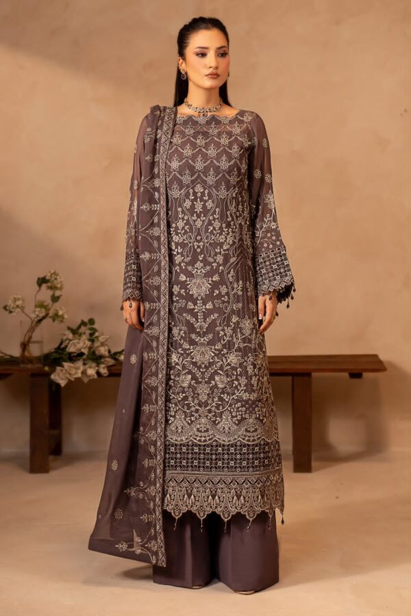 Afsafa Mocha Chiffon Embroidered 3 Piece Suit