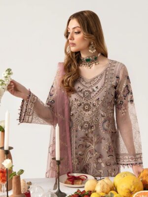 Afsafa Mauve Chiffon Embroidered 3 Piece Suit