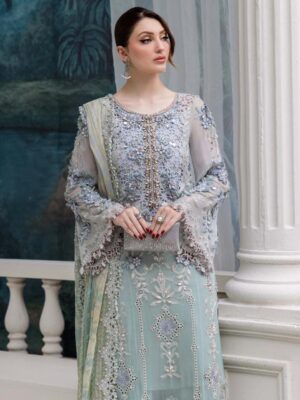 Afsafa Ice Blue Embroidered Chiffon 3 Piece Suit