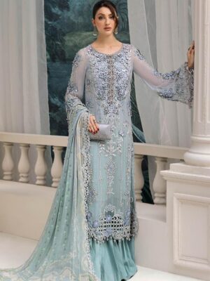 Afsafa Ice Blue Embroidered Chiffon 3 Piece Suit