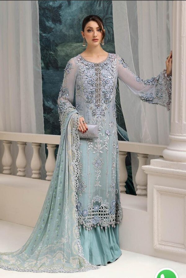 Afsafa Ice Blue Embroidered Chiffon 3 Piece Suit