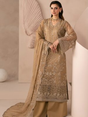 Afsafa Beige Embroidered Chiffon 3 Piece Suit