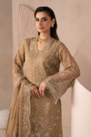 Afsafa Beige Embroidered Chiffon 3 Piece Suit