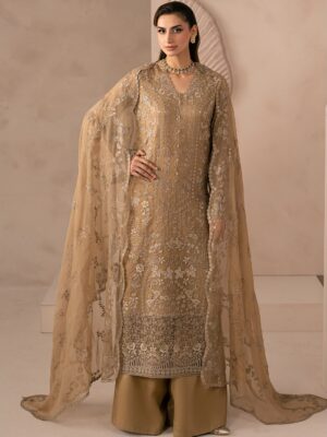 Afsafa Beige Embroidered Chiffon 3 Piece Suit