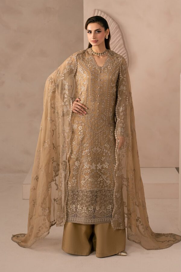 Afsafa Beige Embroidered Chiffon 3 Piece Suit