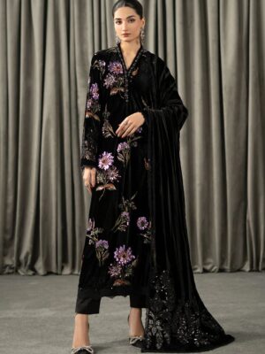 Afsafa Black Embroidered Velvet 3 Piece Suit