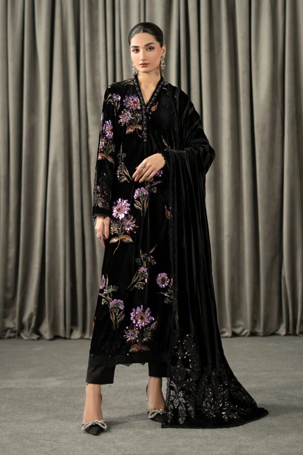 Afsafa Black Embroidered Velvet 3 Piece Suit