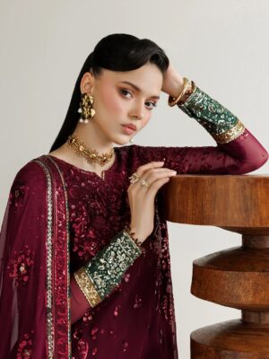 Afsafa Maroon Chiffon Embroidered 3 Piece Suit